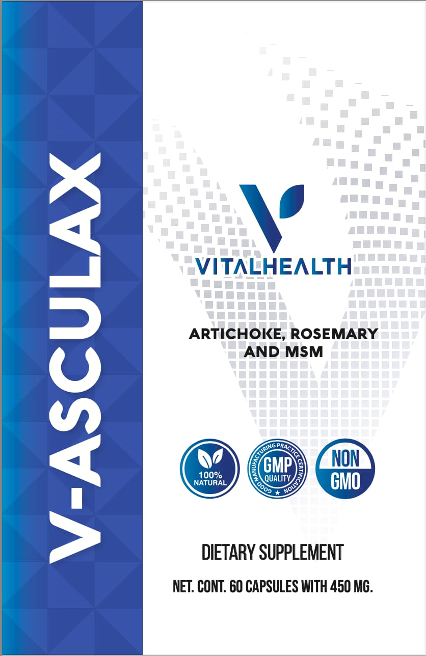V‑Asculax suplemento con extracto de alcachofa estandarizado, romero y MSM para salud cardiovascular, circulación y detox hepático 60 capsulas de 450 mg cada capsula.