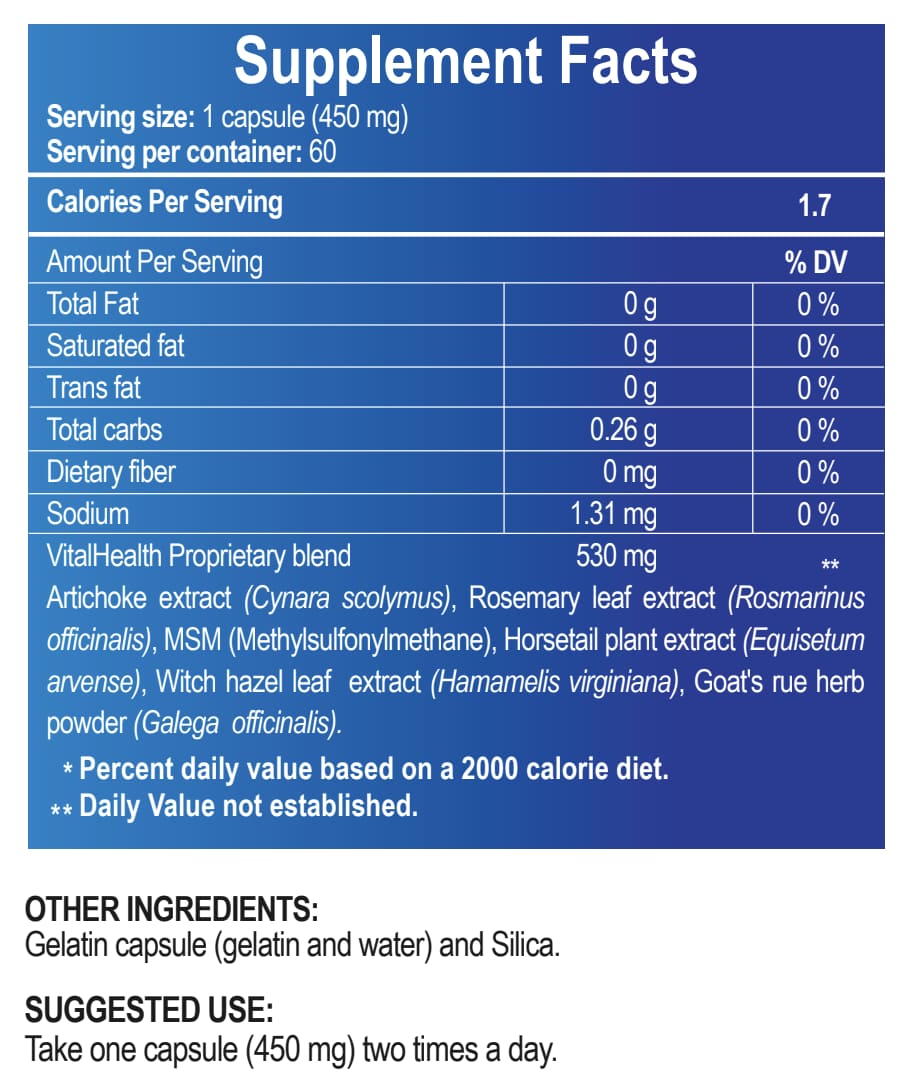 V‑Asculax suplemento con extracto de alcachofa estandarizado, romero y MSM para salud cardiovascular, circulación y detox hepático
