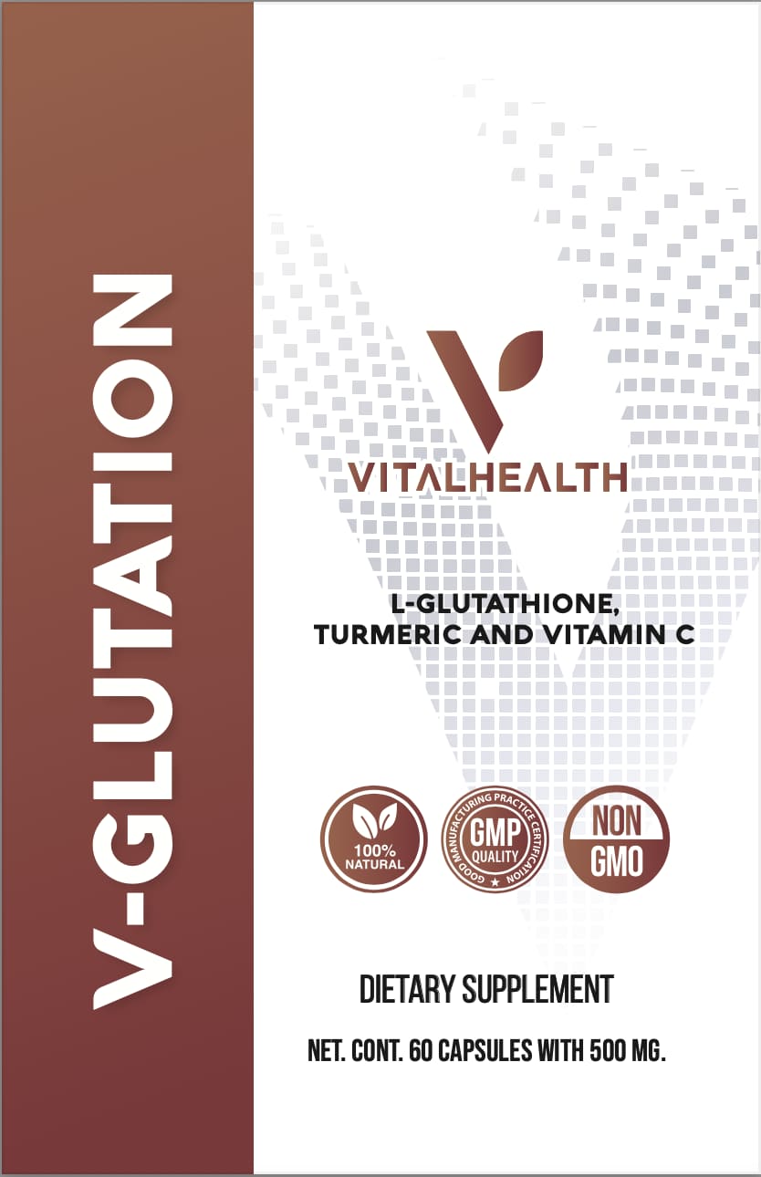 Etiqueta frontal V‑Glutation 60 capsulas de 500 miligramos cada capsula – antioxidante liposomal con glutatión, vitamina C y cúrcuma