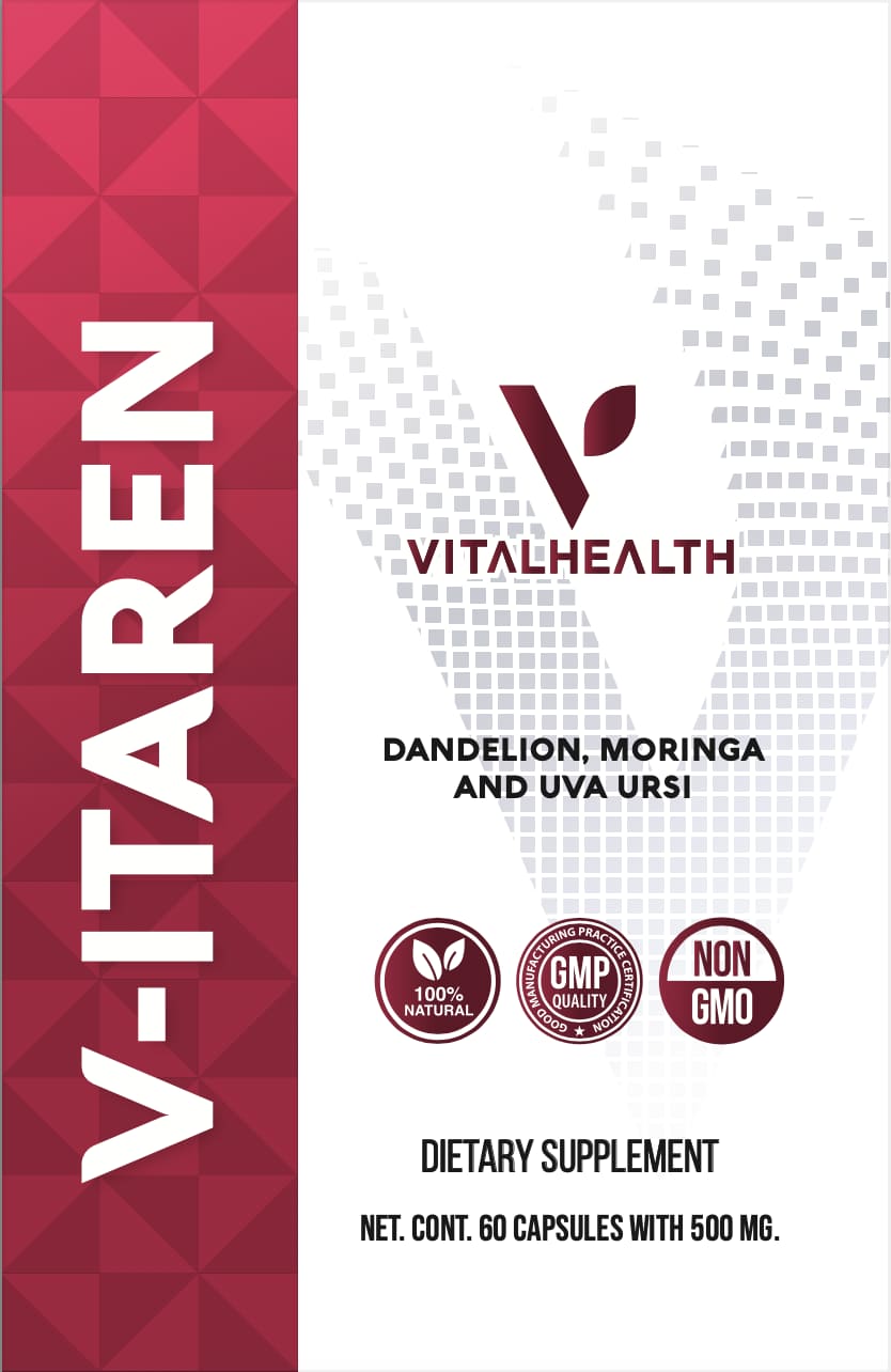 V-itaren 60 capsulas de 500 mg cada capsula suplemento detox renal natural con diente de león, moringa y uva ursi para salud de riñones y equilibrio hídrico