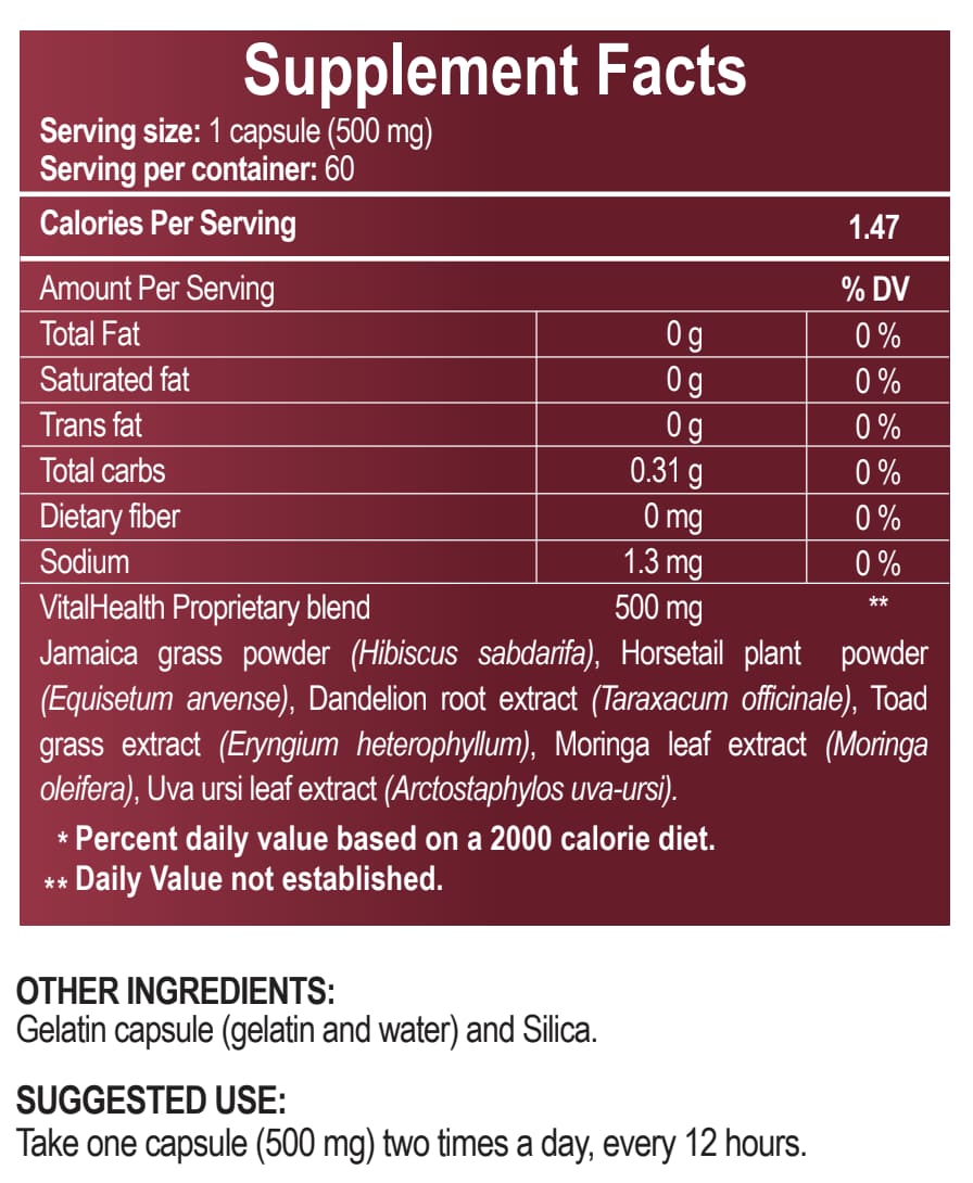 Tabla datos sobre los suplementos V-itaren detox renal natural con diente de león, moringa y uva ursi para salud de riñones y equilibrio hídrico