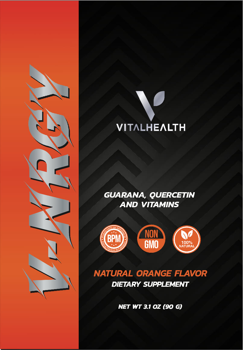 Etiqueta frontal de V-NRGY VitalHealth con sabor naranja natural y beneficios energéticos