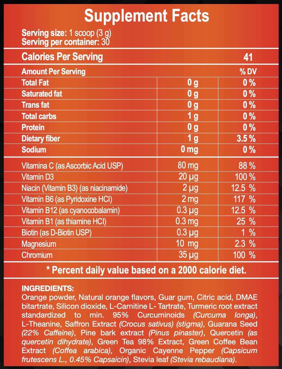 Tabla de suplementos V-NRGY con ingredientes naturales como guaraná, quercetina, cafeína y complejo B