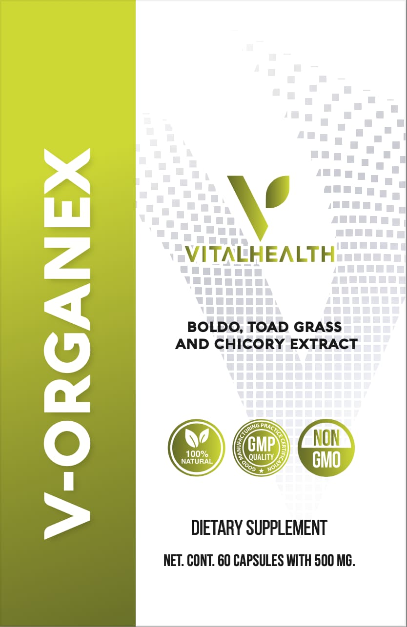 Etiqueta frontal V-Organex 60 capsulas de 500 miligramos cada una– detox hepático natural con boldo, hierba de sapo y achicoria