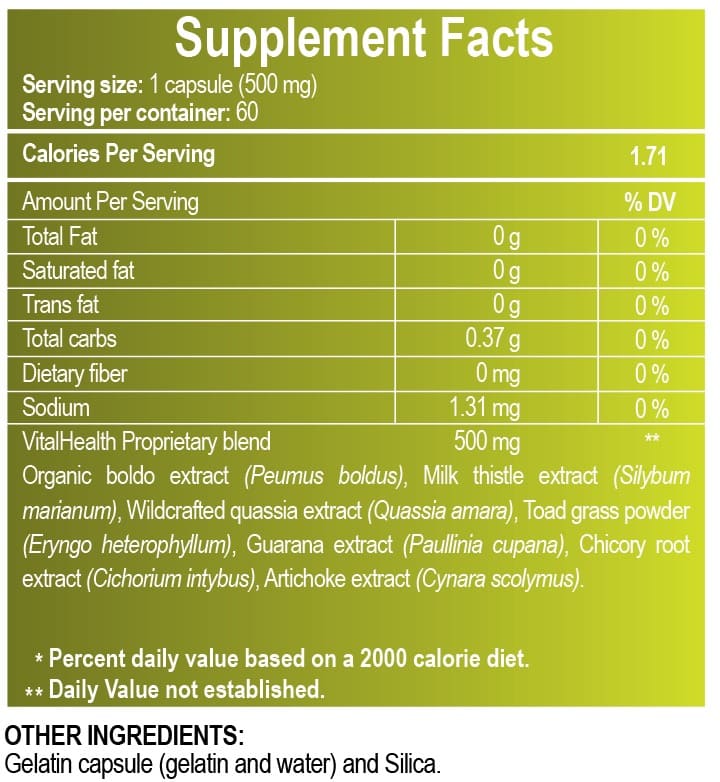 Información nutricional y lista de ingredientes de V-Organex con boldo, milk thistle, achicoria y herbal detox