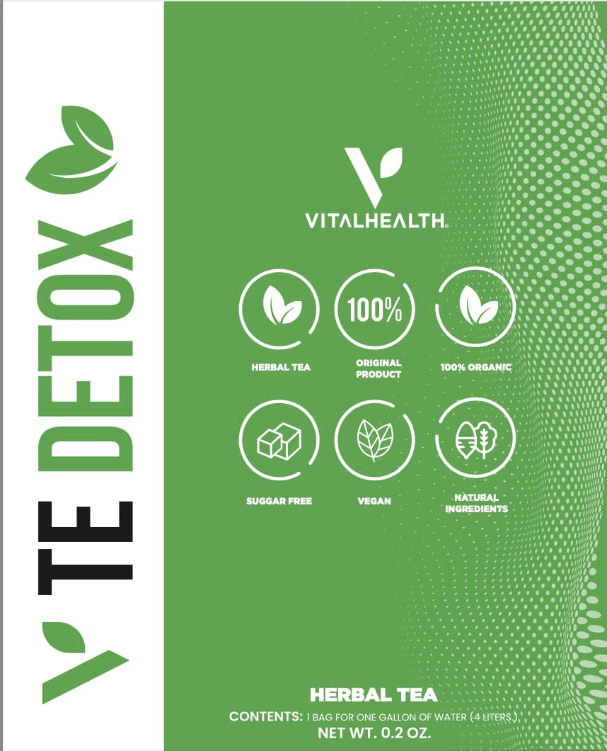 Etiqueta frontal V‑Te Detox – té desintoxicante natural para hígado y digestión saludable