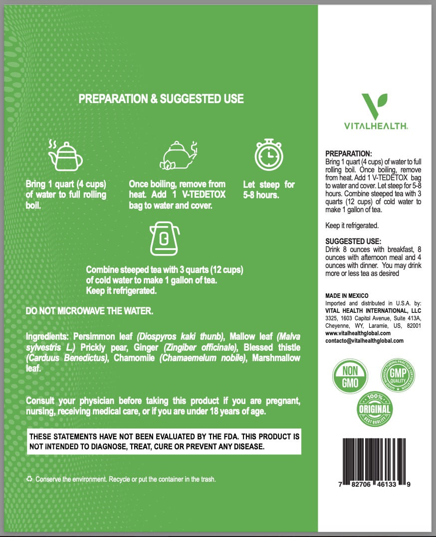 Tabla nutricional V‑Te Detox con caqui, malva, tuna, jengibre, cardo bendito, manzanilla y malvavisco