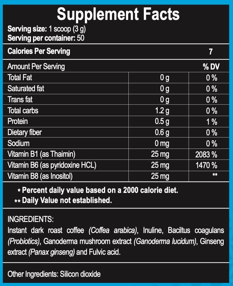 Tabla nutricional y lista de ingredientes de V-Neurokafe con café arábica, ginseng, ganoderma, probióticos y vitaminas B
