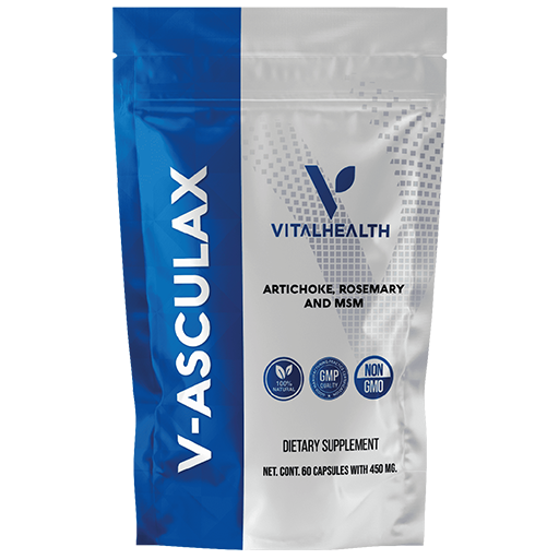 V‑Asculax suplemento con extracto de alcachofa estandarizado, romero y MSM para salud cardiovascular, circulación y detox hepático.