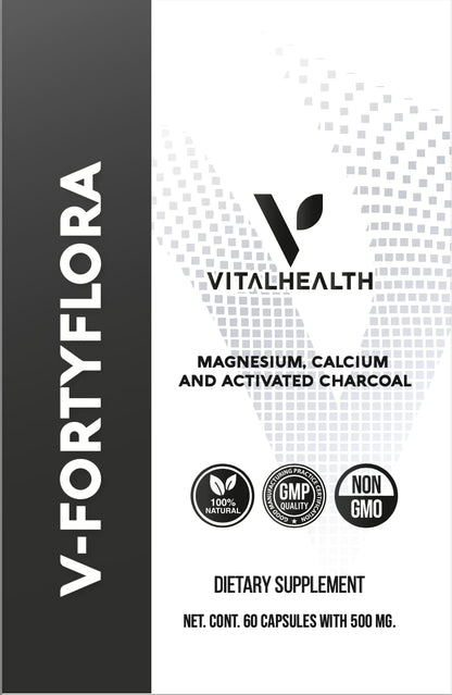 Etiqueta frontal V‑Fortyflora contiene 60 capsulas de 500 miligramos cada capsula – fórmula natural para digestión, regularidad y limpieza intestinal
