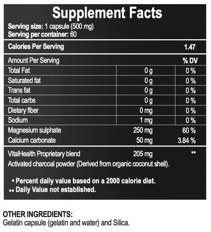 Tabla nutricional V‑Fortyflora con magnesio, lisina, calcio y carbón activado