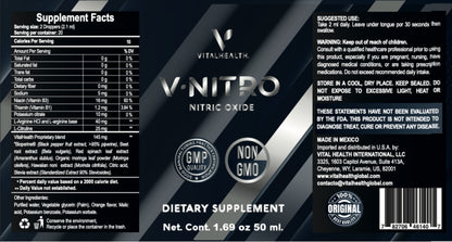 Etiqueta frontal V‑Nitro contiene 1.60 onzas – suplemento natural para circulación, energía y rendimiento con aminoácidos