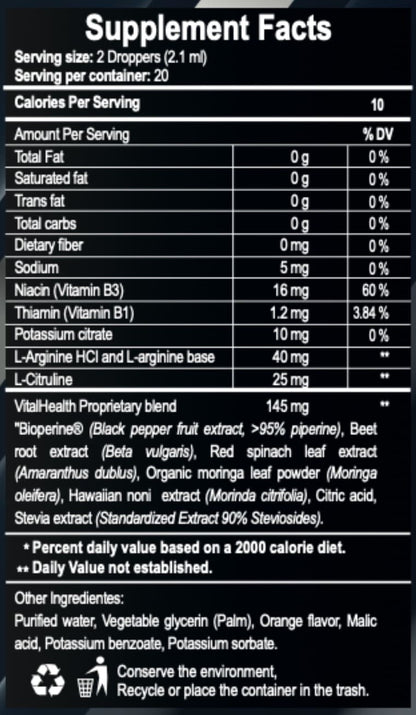 Información nutricional de V‑Nitro con L‑Arginina, L‑Citrulina, betabel y superalimentos