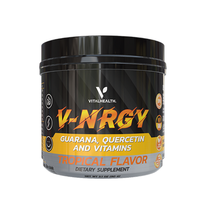 Suplemento V-NRGY VitalHealth sabor tropical con guaraná, quercetina y vitaminas para energía física y mental