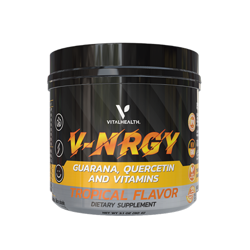 Suplemento V-NRGY VitalHealth sabor tropical con guaraná, quercetina y vitaminas para energía física y mental
