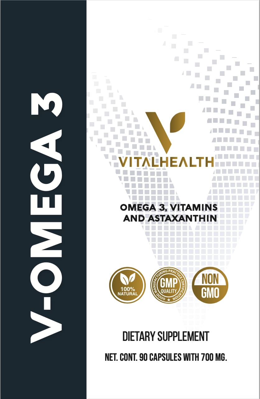 Etiqueta frontal V‑Omega 3 –90 capsulas de 700 miligramos cada capsula; aceite de pescado con EPA, DHA y vitamina D3