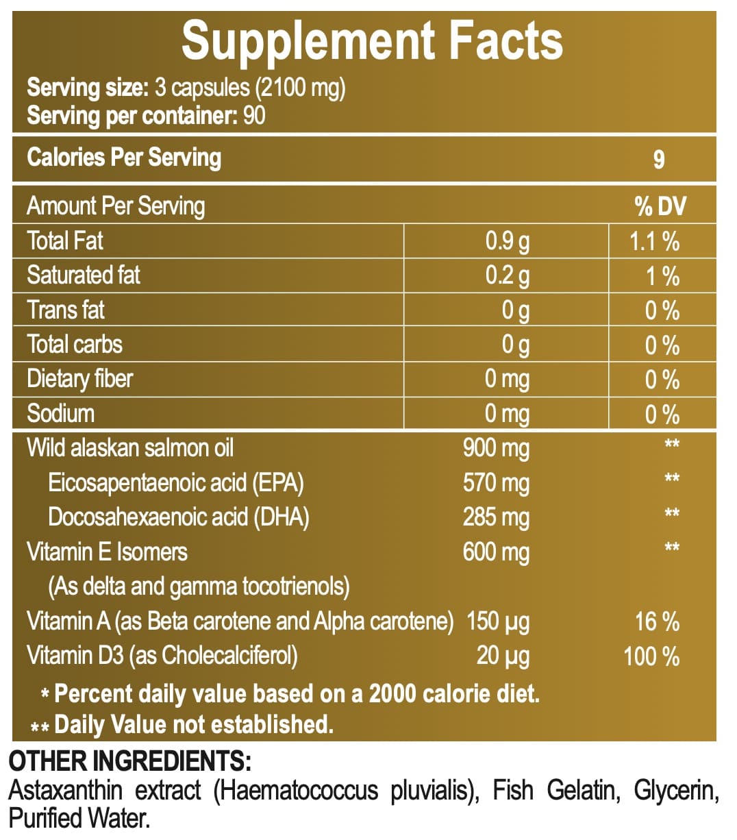 Suplemento con astaxantina y omega 3, Tabla nutricional V‑Omega 3 con omega‑3 EPA/DHA, vitamina D3 y antioxidantes