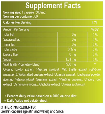 Información nutricional y lista de ingredientes de V-Organex con boldo, milk thistle, achicoria y herbal detox