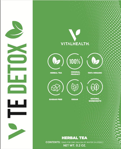 Etiqueta frontal V‑Te Detox – té desintoxicante natural para hígado y digestión saludable