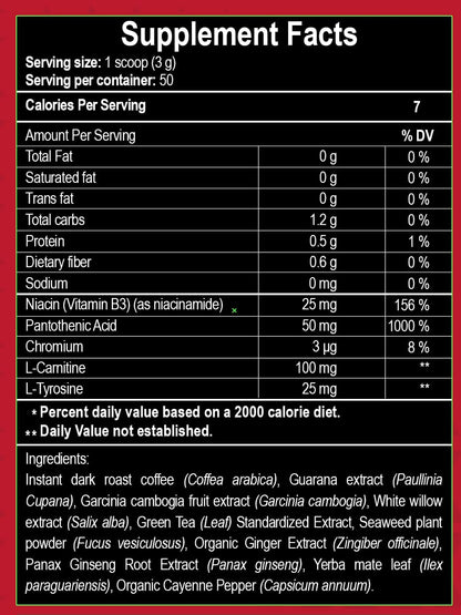 Etiqueta de V‑Thermokafé con ingredientes termogénicos: guaraná, garcinia, té verde, ginseng y cayena
